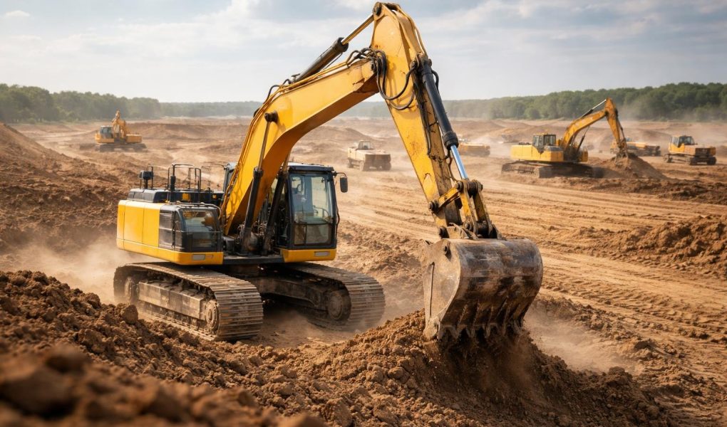 pelleteuse-bulldozer-chantier-terres-nivelees