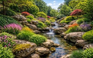 jardin-plantes-roches-fleurs-ciel-bleu