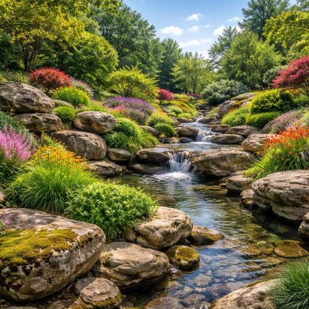 jardin-plantes-roches-fleurs-ciel-bleu