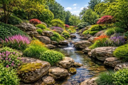 jardin-plantes-roches-fleurs-ciel-bleu