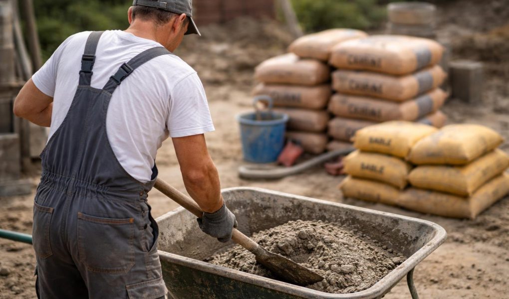 macon-chantier-brouette-ciment-outils