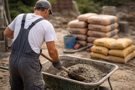 macon-chantier-brouette-ciment-outils