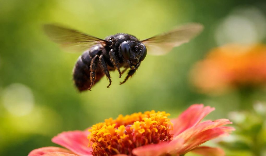 insecte-noir-vol-fleur-floue