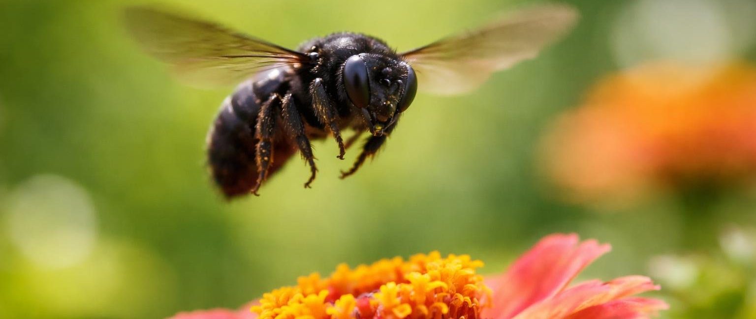 insecte-noir-vol-fleur-floue
