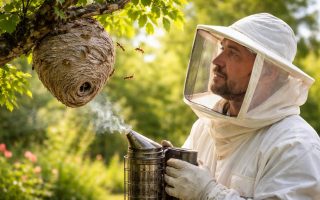 apiculteur-tenue-nid-guepes-arbre